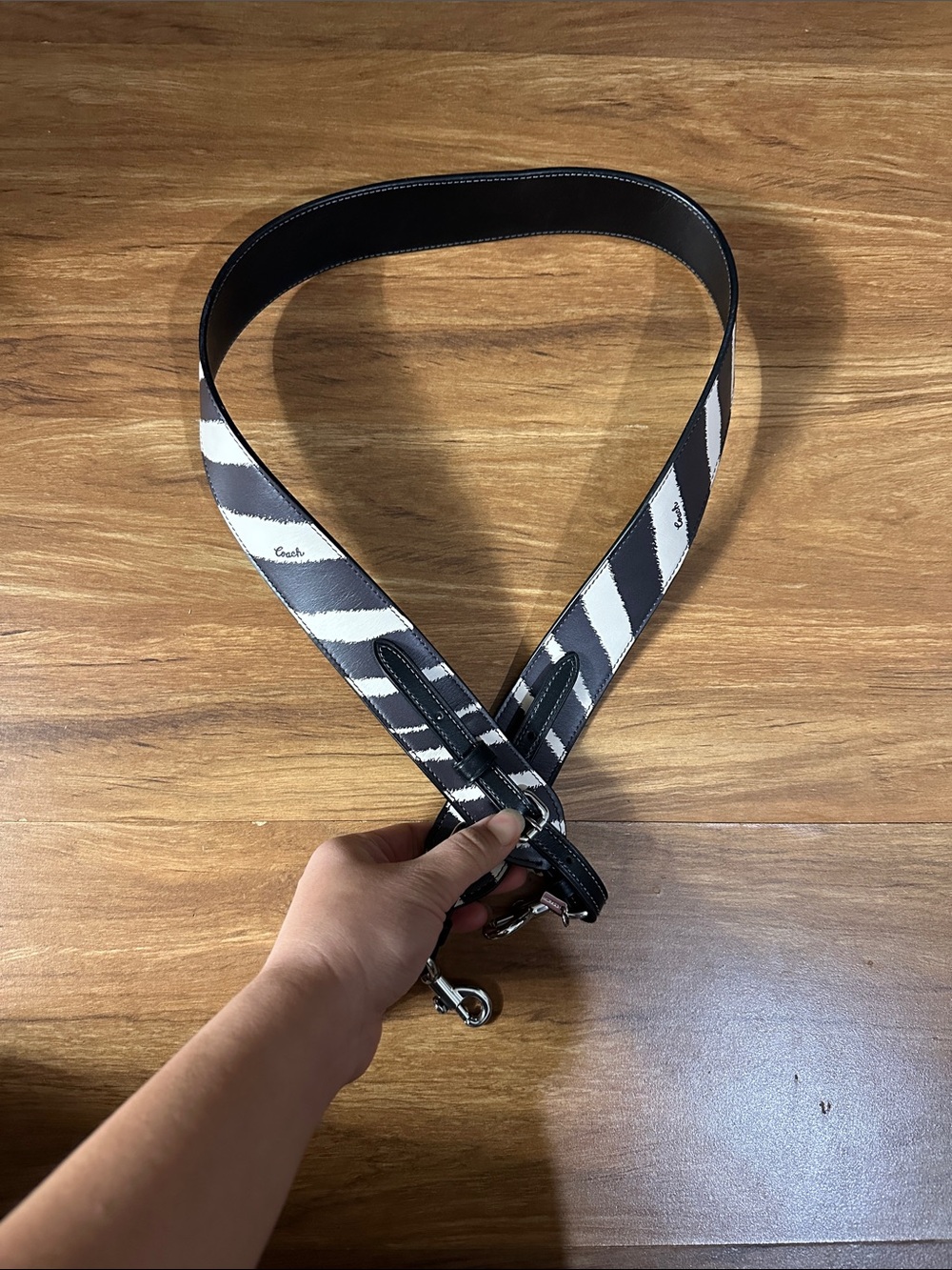 Coach Black & White Striped Leather Crossbody Strap